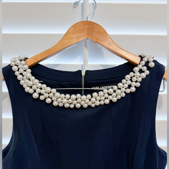 Karl Lagerfeld Navy Pearl Embellished A-Line Dress, Size 10 - Picture 1 of 6